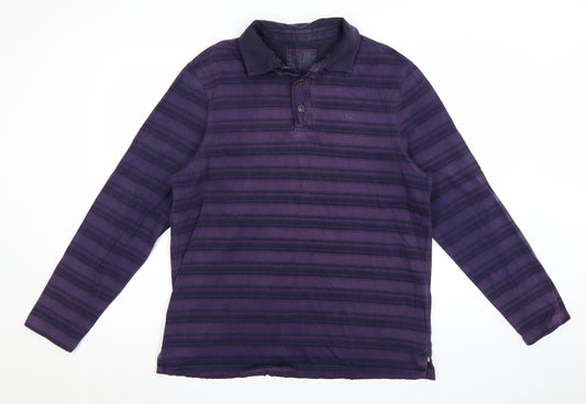 Marks and Spencer Men's Purple Striped Long Sleeve Polo Shirt Size L