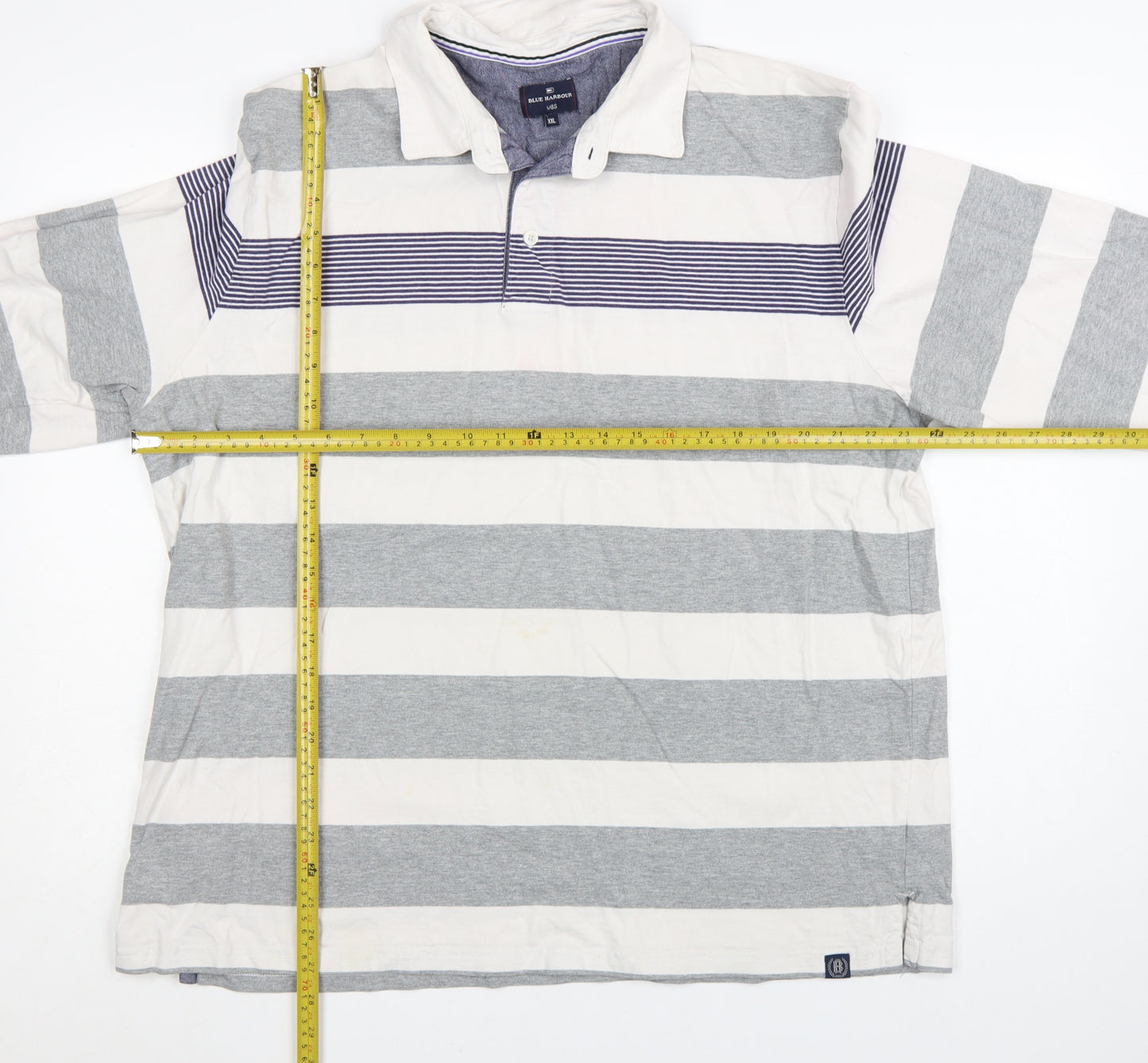 Marks and Spencer Blue Harbour Men's Grey Stripe Long Sleeve Polo 2XL