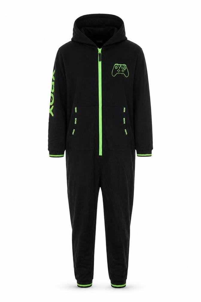 Front view of Next boys’ black xbox hooded one piece pyjamas - 10 years