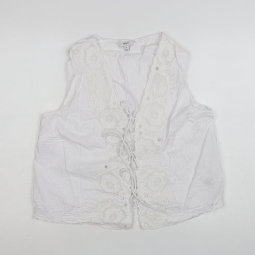 Marks and Spencer Women’s White Linen Blend Embroidered Tie Front Sleeveless Tunic Blouse Size 16