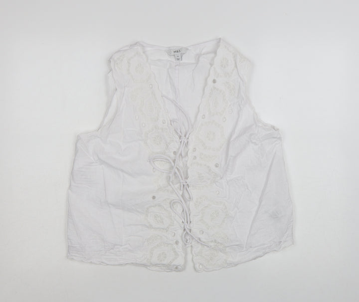 Marks and Spencer Women’s White Linen Blend Embroidered Tie Front Sleeveless Tunic Blouse Size 16