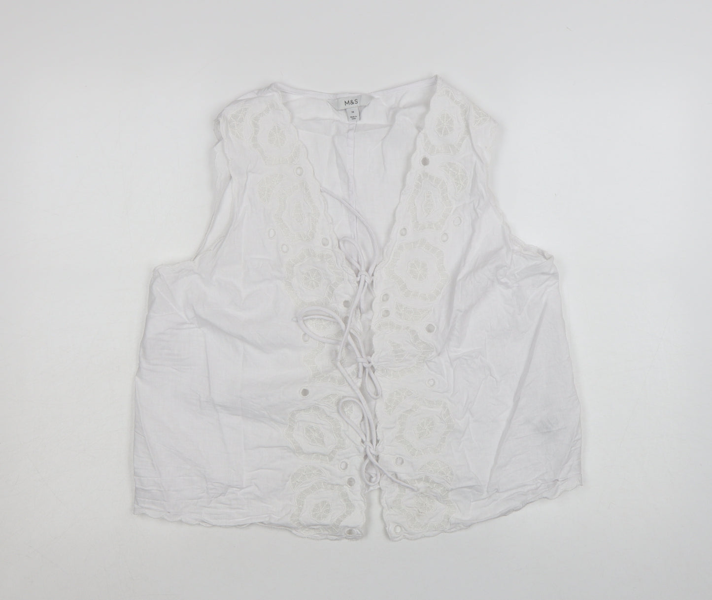 Marks and Spencer Women’s White Linen Blend Embroidered Tie Front Sleeveless Tunic Blouse Size 16