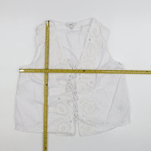 Marks and Spencer Women’s White Linen Blend Embroidered Tie Front Sleeveless Tunic Blouse Size 16