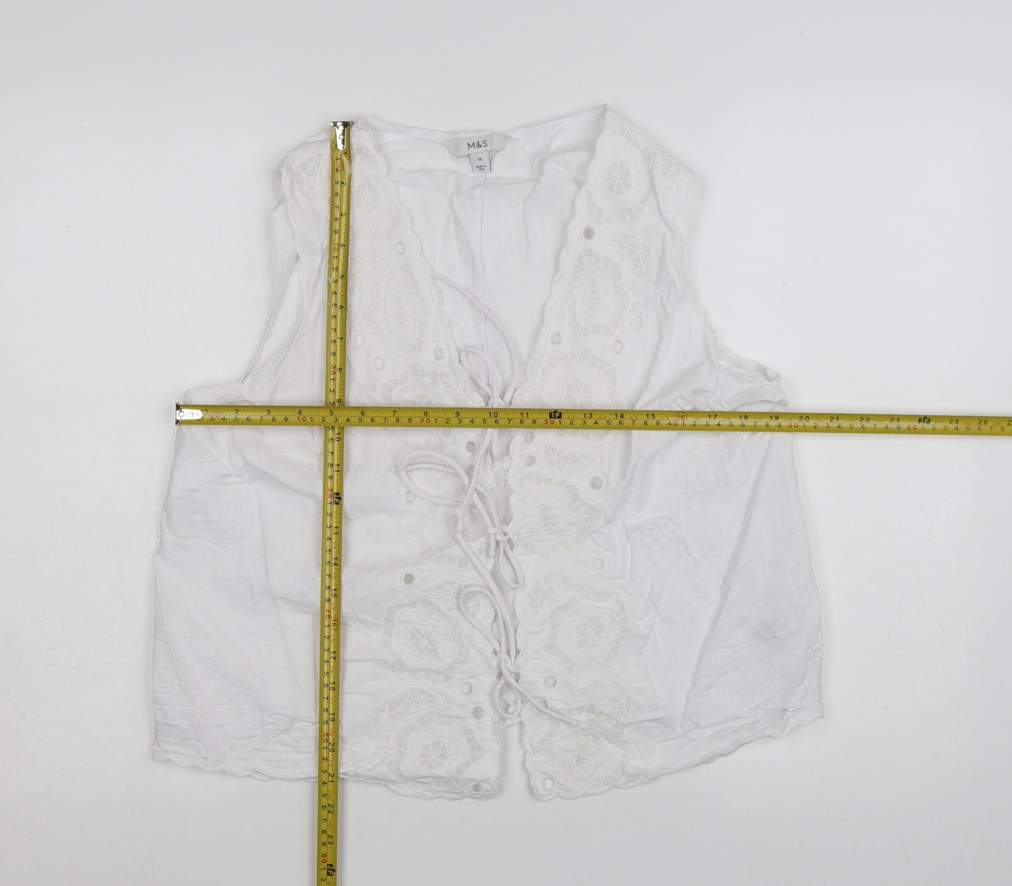 Marks and Spencer Women’s White Linen Blend Embroidered Tie Front Sleeveless Tunic Blouse Size 16