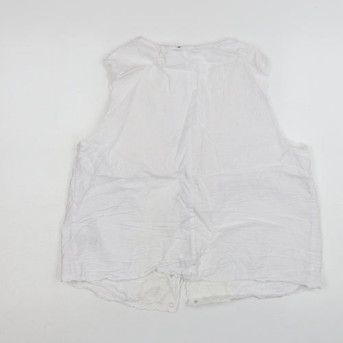 Marks and Spencer Women’s White Linen Blend Embroidered Tie Front Sleeveless Tunic Blouse Size 16