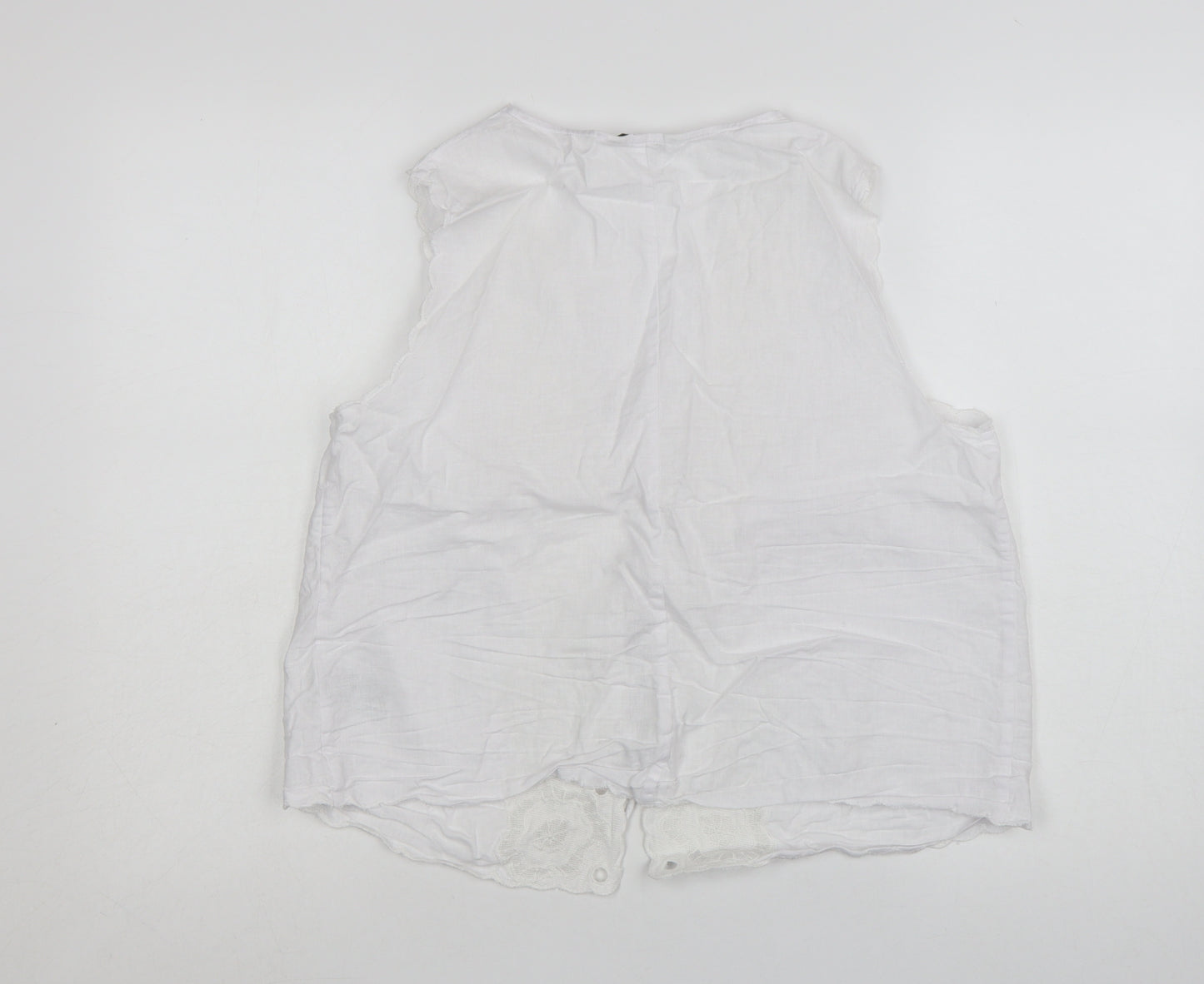 Marks and Spencer Women’s White Linen Blend Embroidered Tie Front Sleeveless Tunic Blouse Size 16