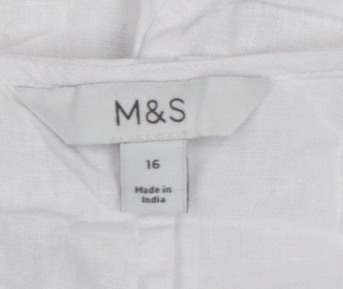 Marks and Spencer Women’s White Linen Blend Embroidered Tie Front Sleeveless Tunic Blouse Size 16