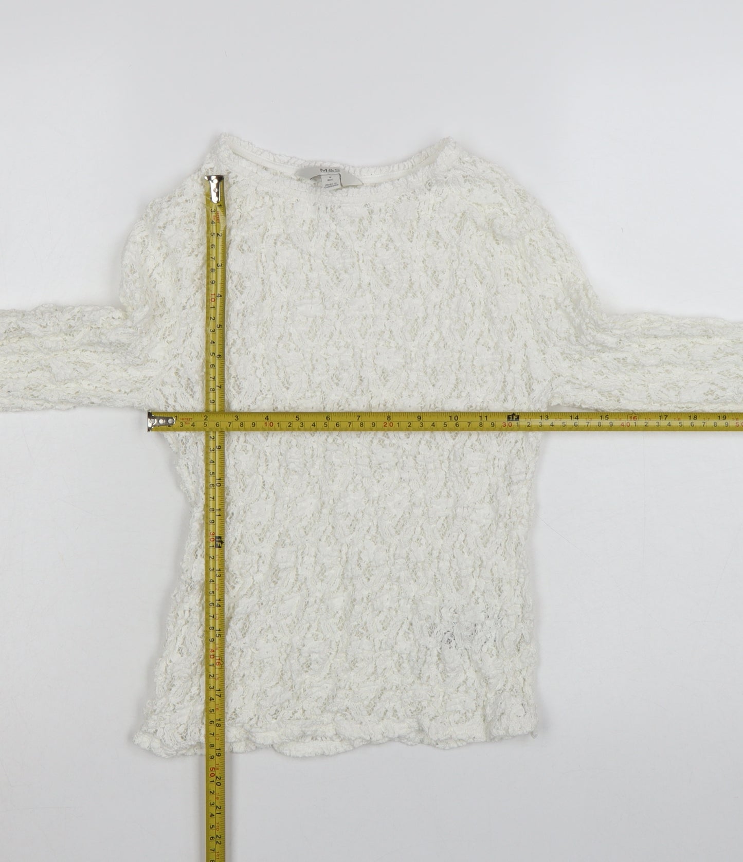Marks and Spencer Women's White Long Sleeve Lace Cotton Blend Top Size 8