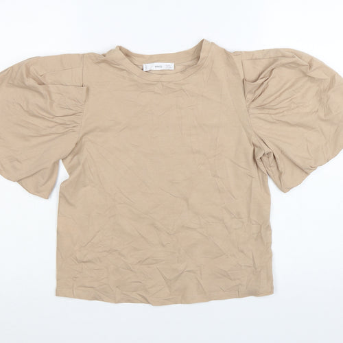 MNG Women Beige Puff Sleeve Cotton T-Shirt XS