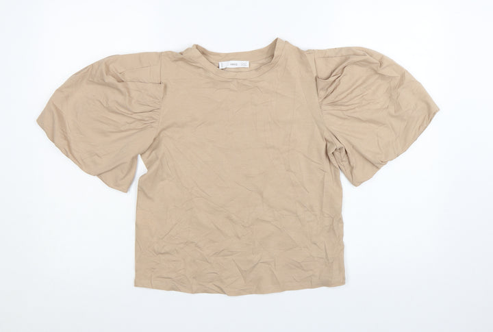 MNG Women Beige Puff Sleeve Cotton T-Shirt XS