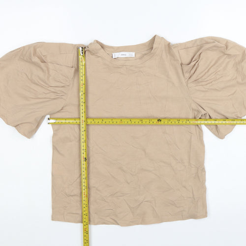 MNG Women Beige Puff Sleeve Cotton T-Shirt XS