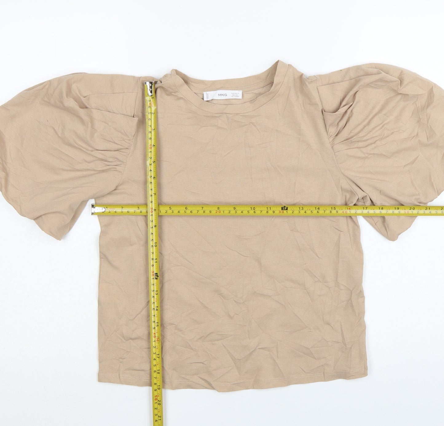 MNG Women Beige Puff Sleeve Cotton T-Shirt XS