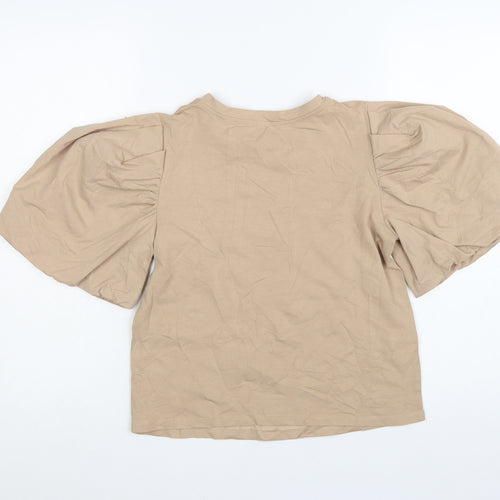 MNG Women Beige Puff Sleeve Cotton T-Shirt XS