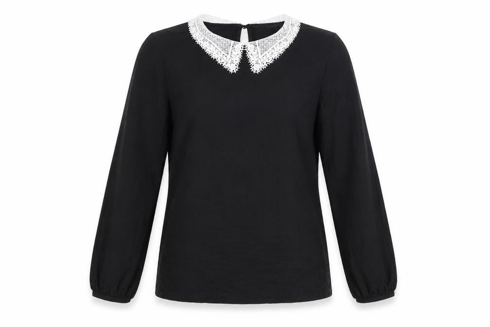 Front view of Hallhuber Women's Black Long Sleeve Lace Collar Blouse, size L