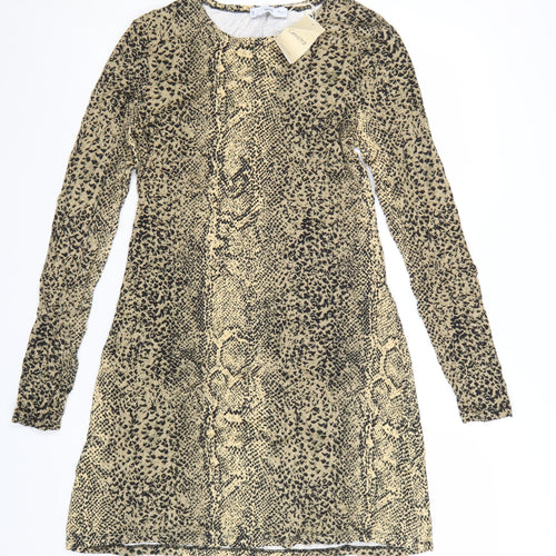 Mango Women Beige Animal Print Shift Dress Size 12 Long Sleeve