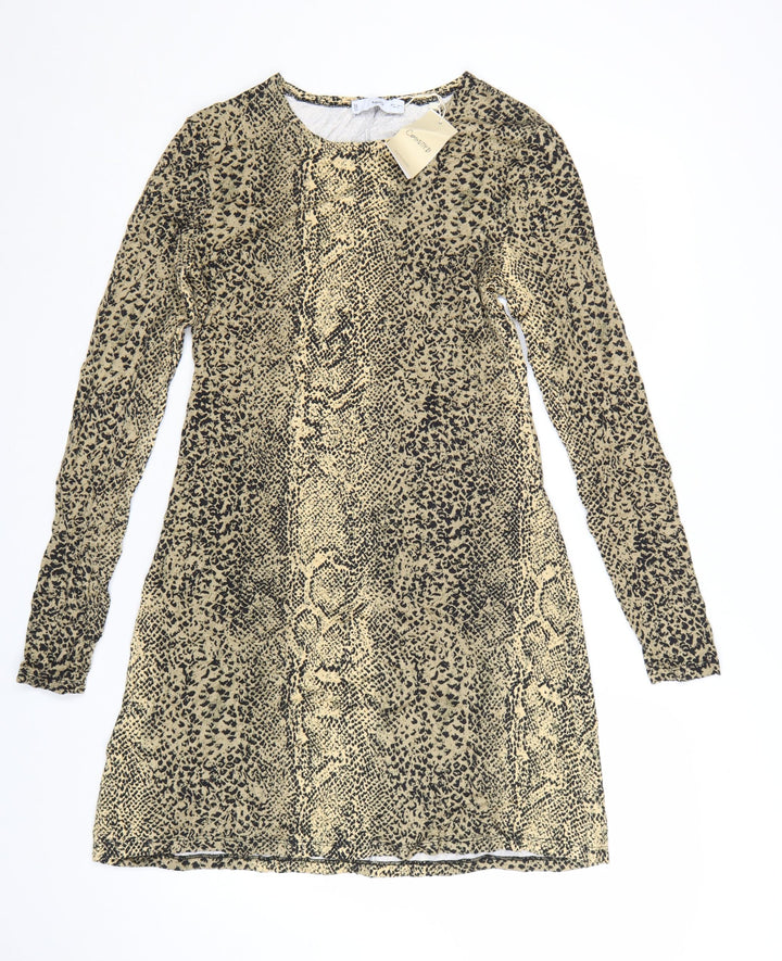 Mango Women Beige Animal Print Shift Dress Size 12 Long Sleeve