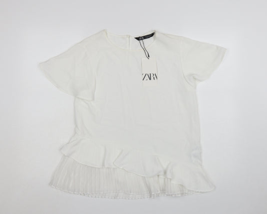 Zara Women White Ruffle Pleated Tunic Blouse Size S