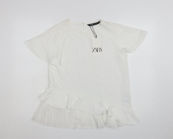 Zara Women White Ruffle Pleated Tunic Blouse Size S