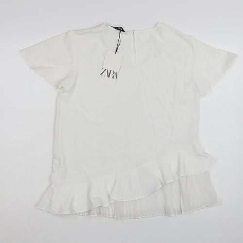 Zara Women White Ruffle Pleated Tunic Blouse Size S