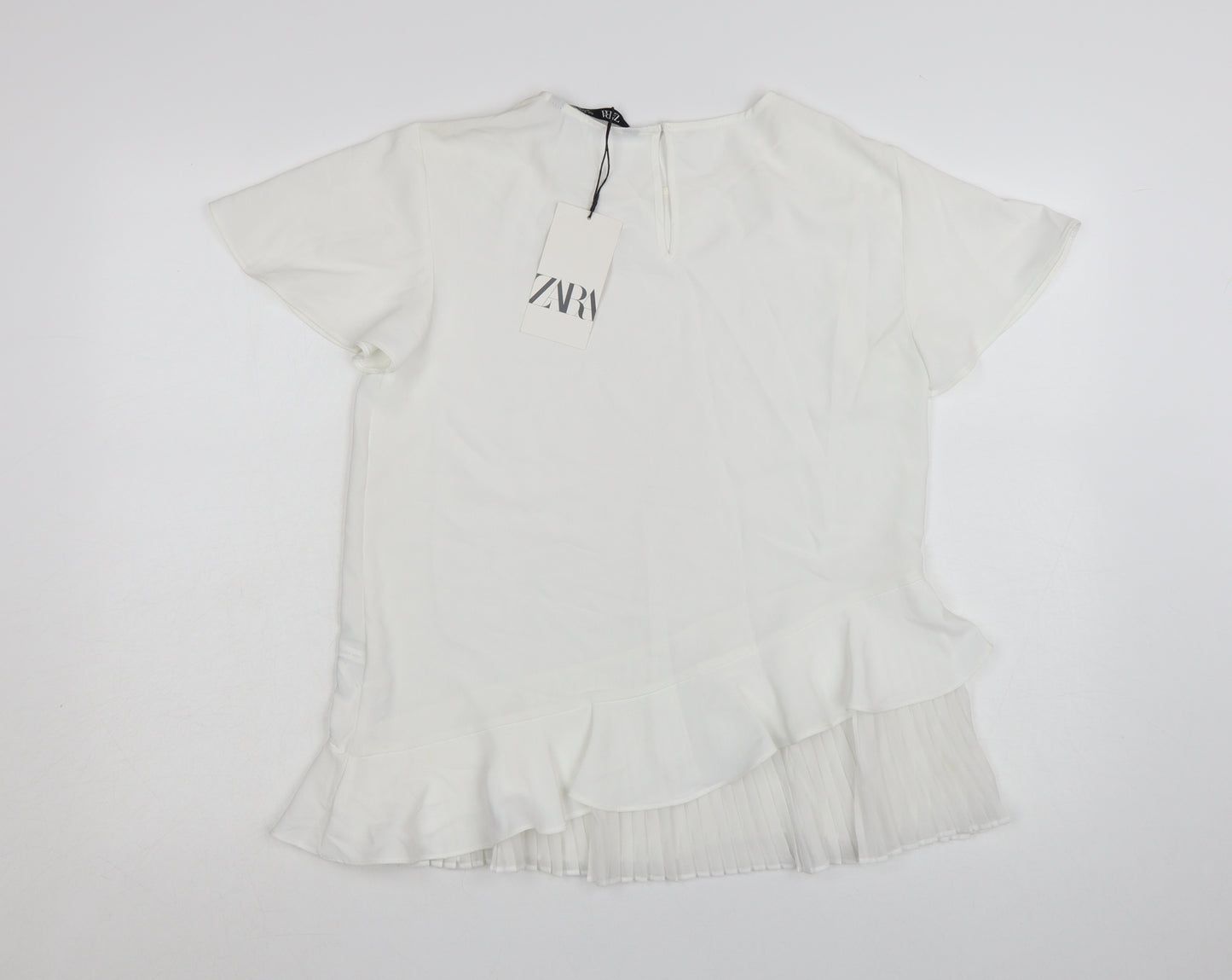 Zara Women White Ruffle Pleated Tunic Blouse Size S