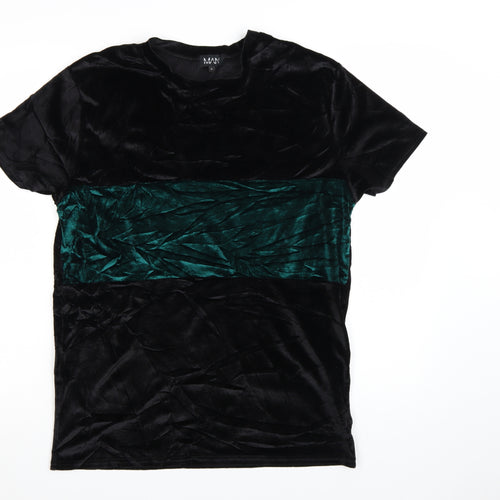 MAN Men's Black & Green Velvet Colourblock T-Shirt Size L