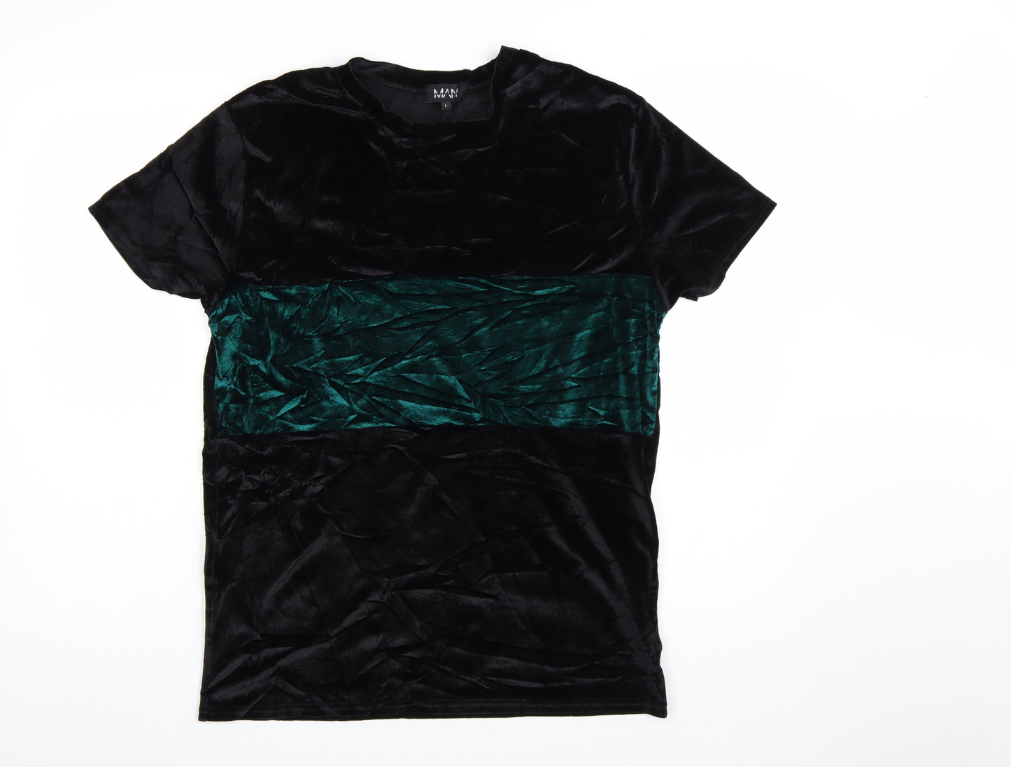 MAN Men's Black & Green Velvet Colourblock T-Shirt Size L