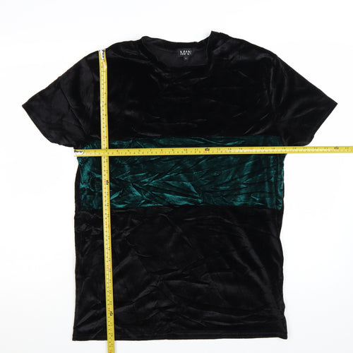 MAN Men's Black & Green Velvet Colourblock T-Shirt Size L