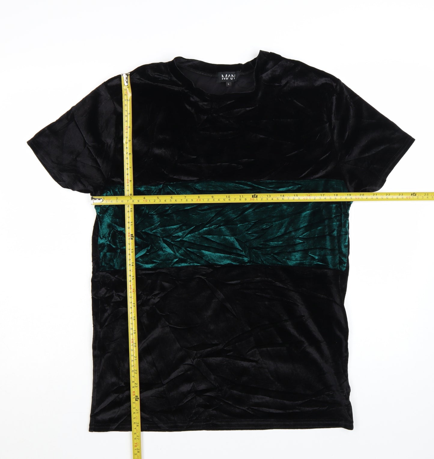 MAN Men's Black & Green Velvet Colourblock T-Shirt Size L