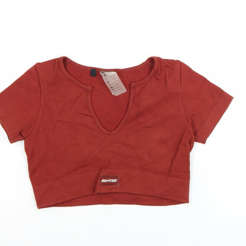 Bo+Tee Womens Brown Cropped Ribbed V-Neck Active T-Shirt Size S