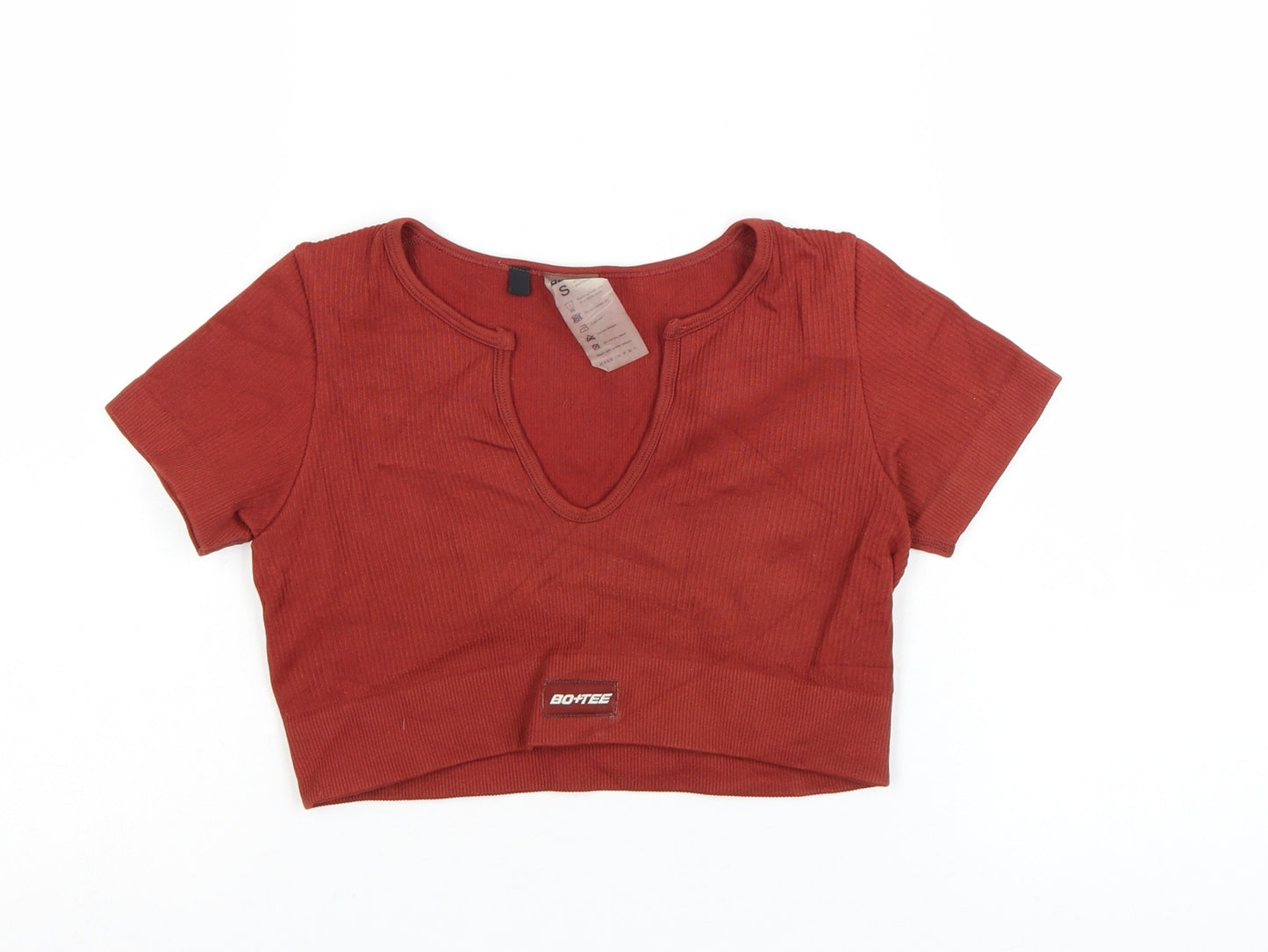 Bo+Tee Womens Brown Cropped Ribbed V-Neck Active T-Shirt Size S