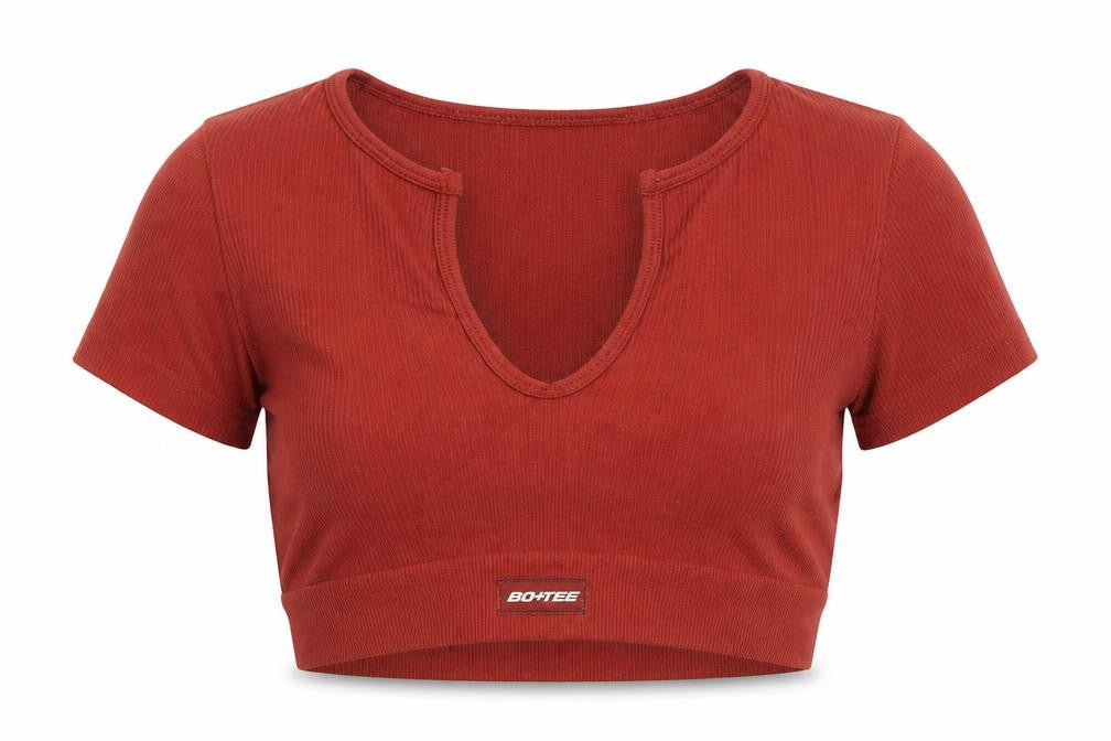 Front view of Bo+Tee women’s brown cropped ribbed v-neck active t-shirt, size S
