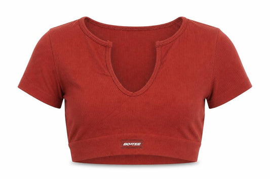 Bo+Tee Womens Brown Cropped Ribbed V-Neck Active T-Shirt Size S