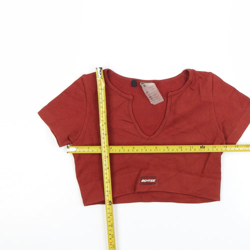 Bo+Tee Womens Brown Cropped Ribbed V-Neck Active T-Shirt Size S
