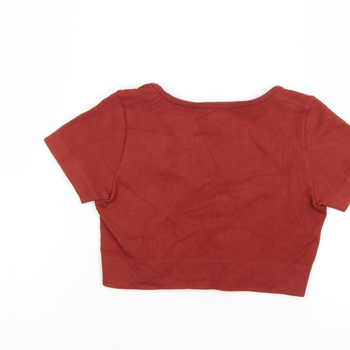 Bo+Tee Womens Brown Cropped Ribbed V-Neck Active T-Shirt Size S