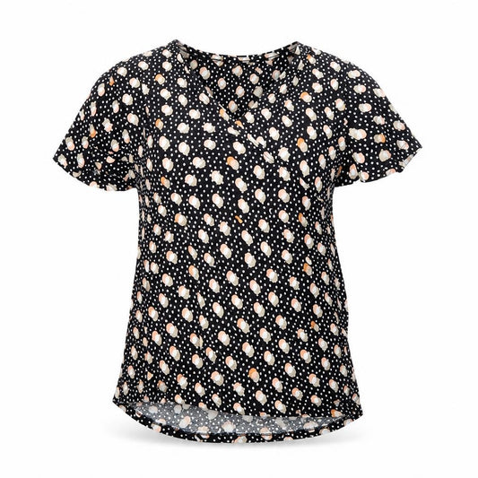 Front view of Next women’s black polka dot short sleeve v-neck tunic blouse, size UK 10