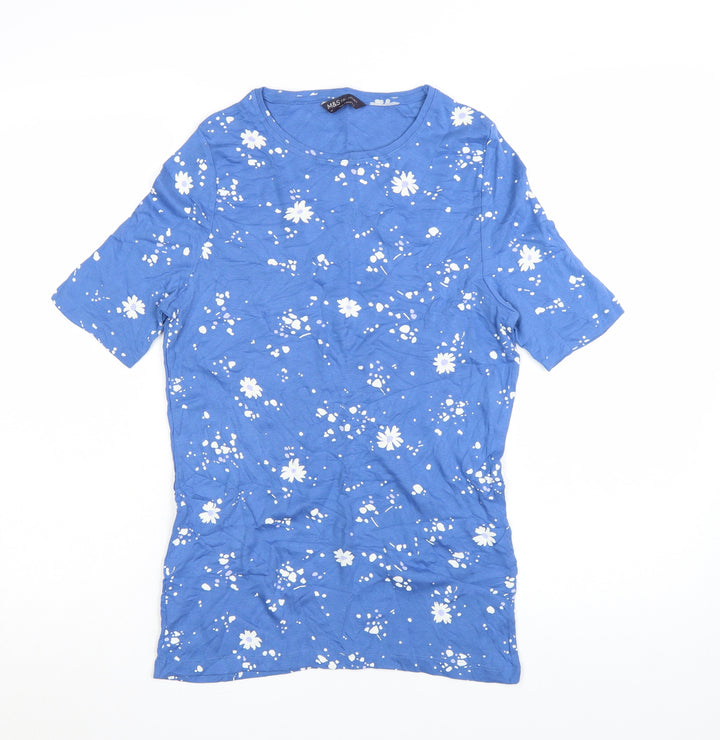 Marks and Spencer Womens Blue Floral Cotton T-Shirt Size 14