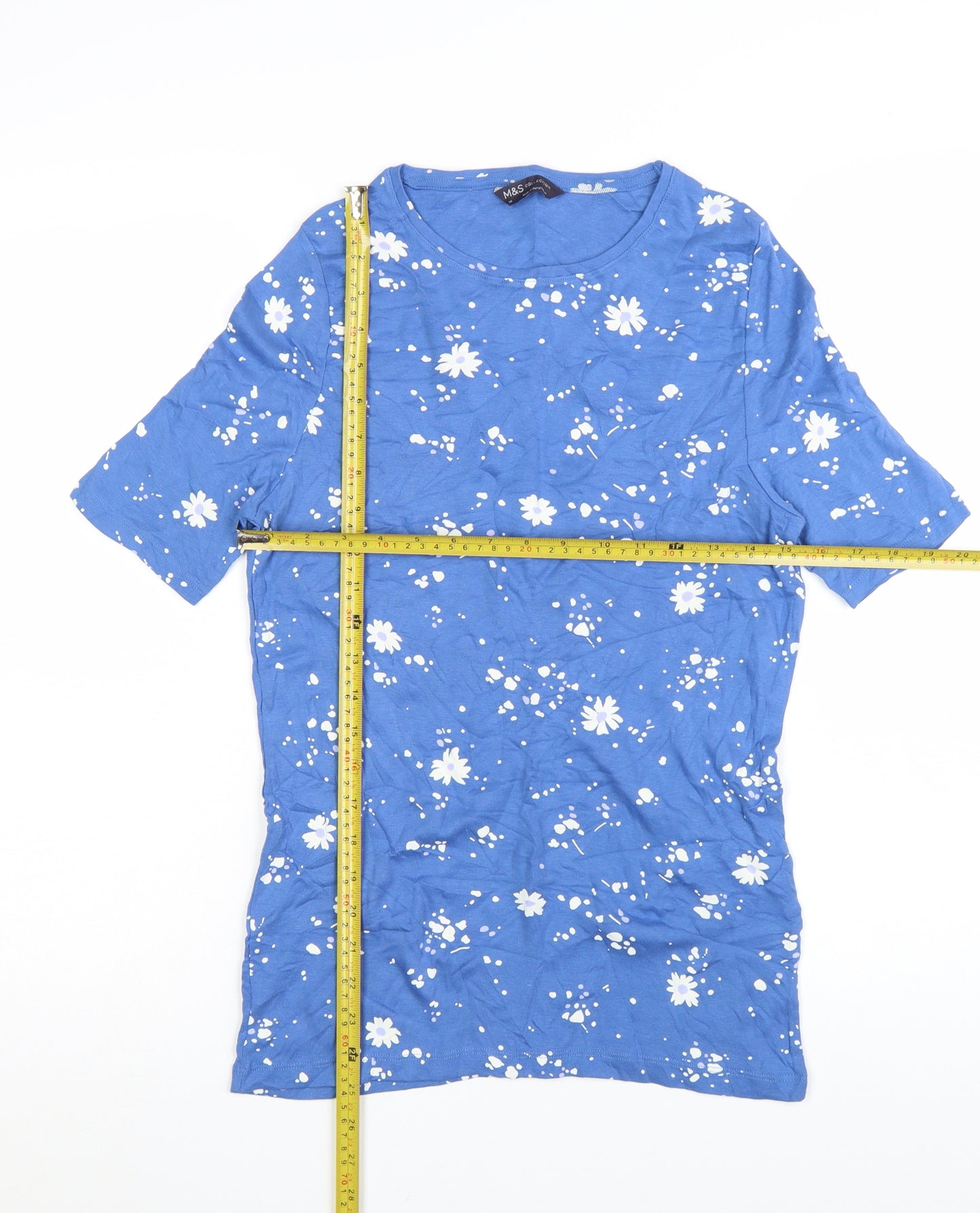 Marks and Spencer Womens Blue Floral Cotton T-Shirt Size 14