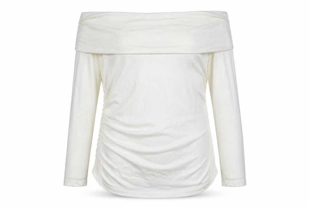 Front view of Savida Women’s Ivory Off Shoulder Ruched Tunic Top, size UK 18