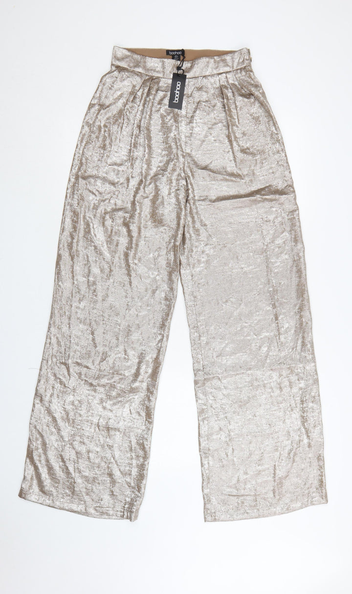 Boohoo Womens Silver Metallic Satin Wide Leg Trousers UK 8