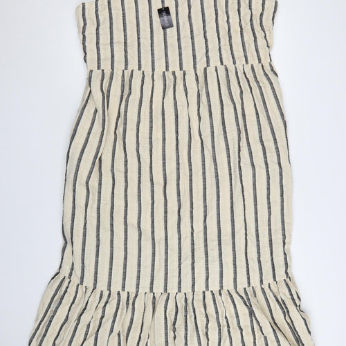 Dunnes Women Beige Striped Cotton Linen Plus Size 22 Sleeveless Slip Dress