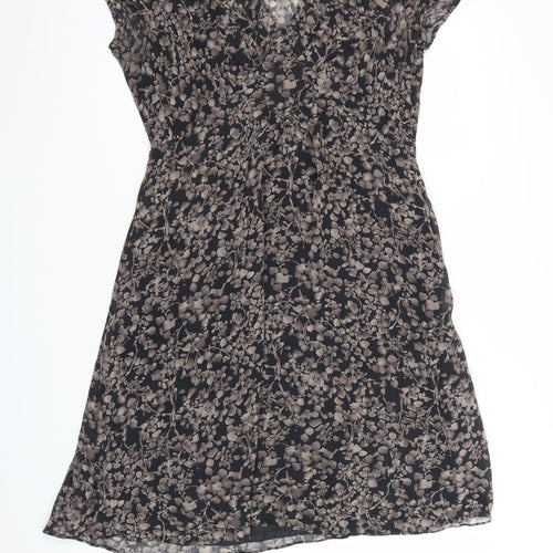 Kew Women Black Floral Silk V-Neck Shift Dress Size 14