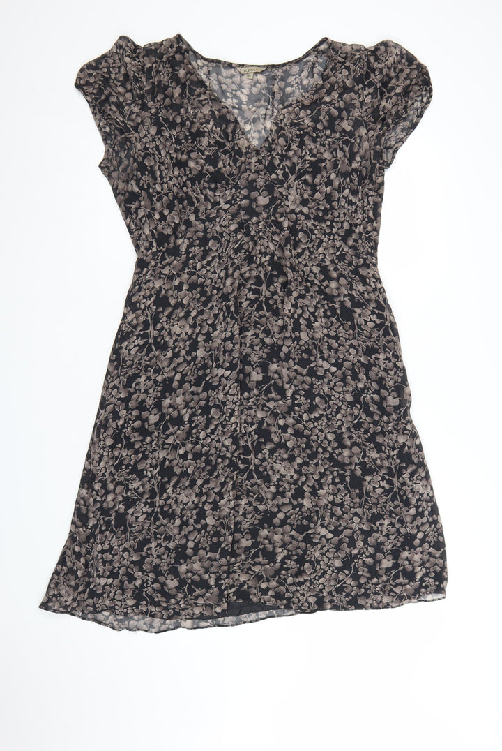 Kew Women Black Floral Silk V-Neck Shift Dress Size 14