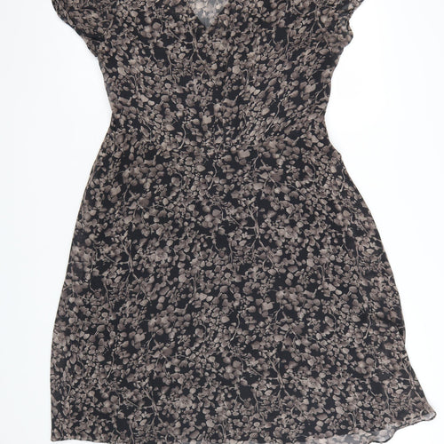 Kew Women Black Floral Silk V-Neck Shift Dress Size 14