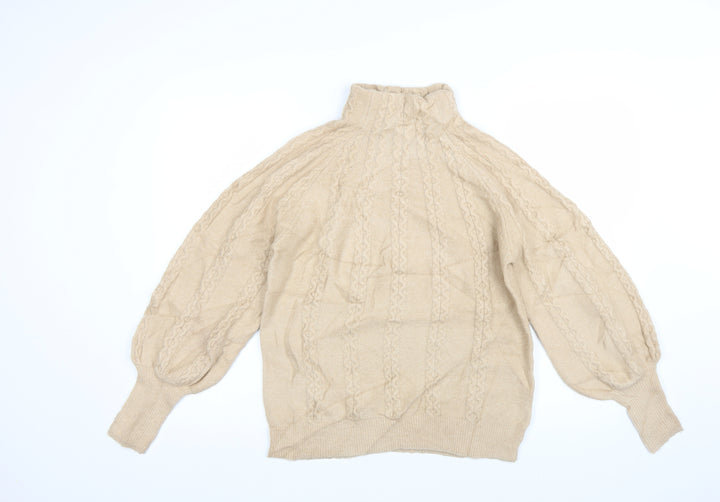 Warehouse Womens Beige Cable-Knit Roll Neck Jumper Size 10
