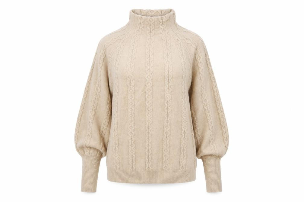 Front view of Warehouse women’s beige cable-knit roll neck jumper, size UK 10