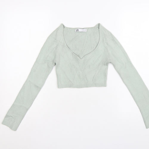 Zara Women Green V-Neck Ribbed Knit Long Sleeve Cropped Jumper S