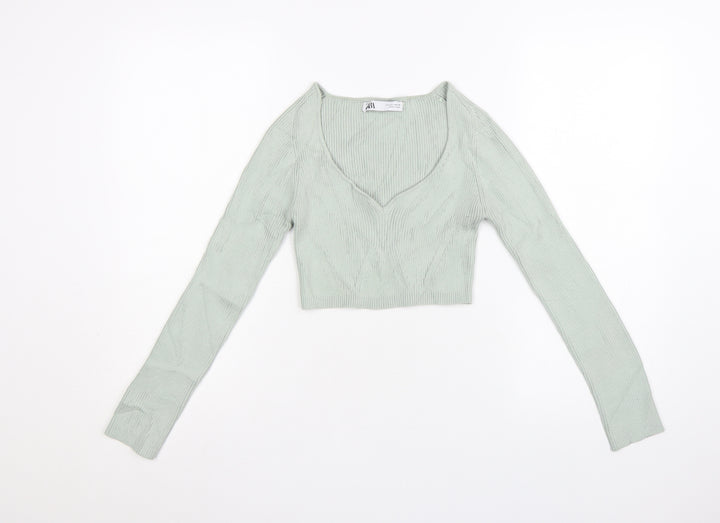 Zara Women Green V-Neck Ribbed Knit Long Sleeve Cropped Jumper S