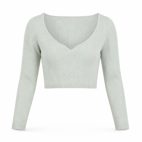 Zara Women Green V-Neck Ribbed Knit Long Sleeve Cropped Jumper S