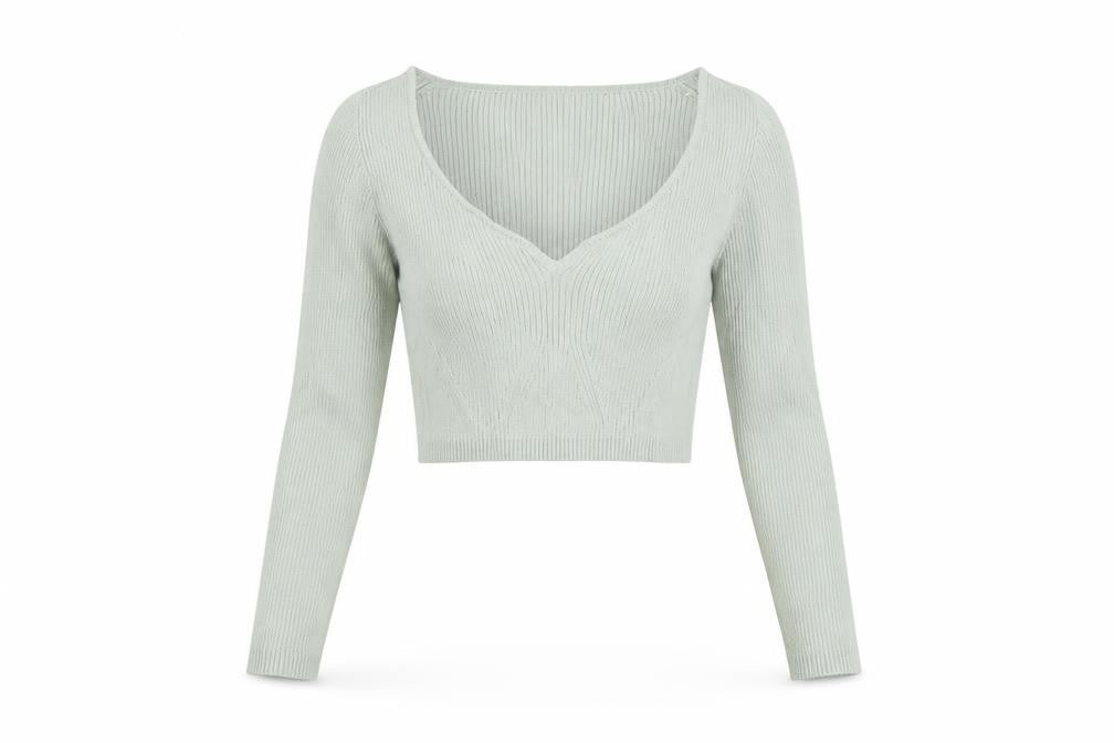 Zara Women Green V-Neck Ribbed Knit Long Sleeve Cropped Jumper S