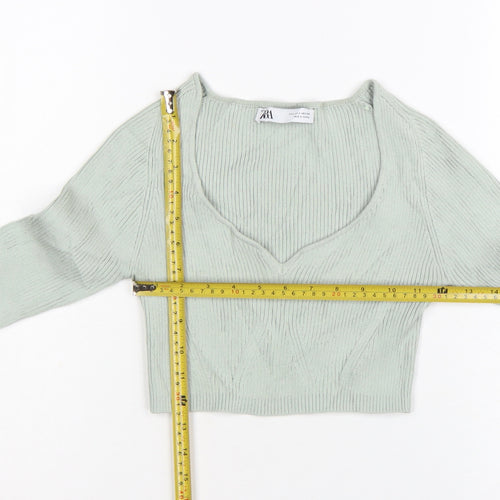 Zara Women Green V-Neck Ribbed Knit Long Sleeve Cropped Jumper S